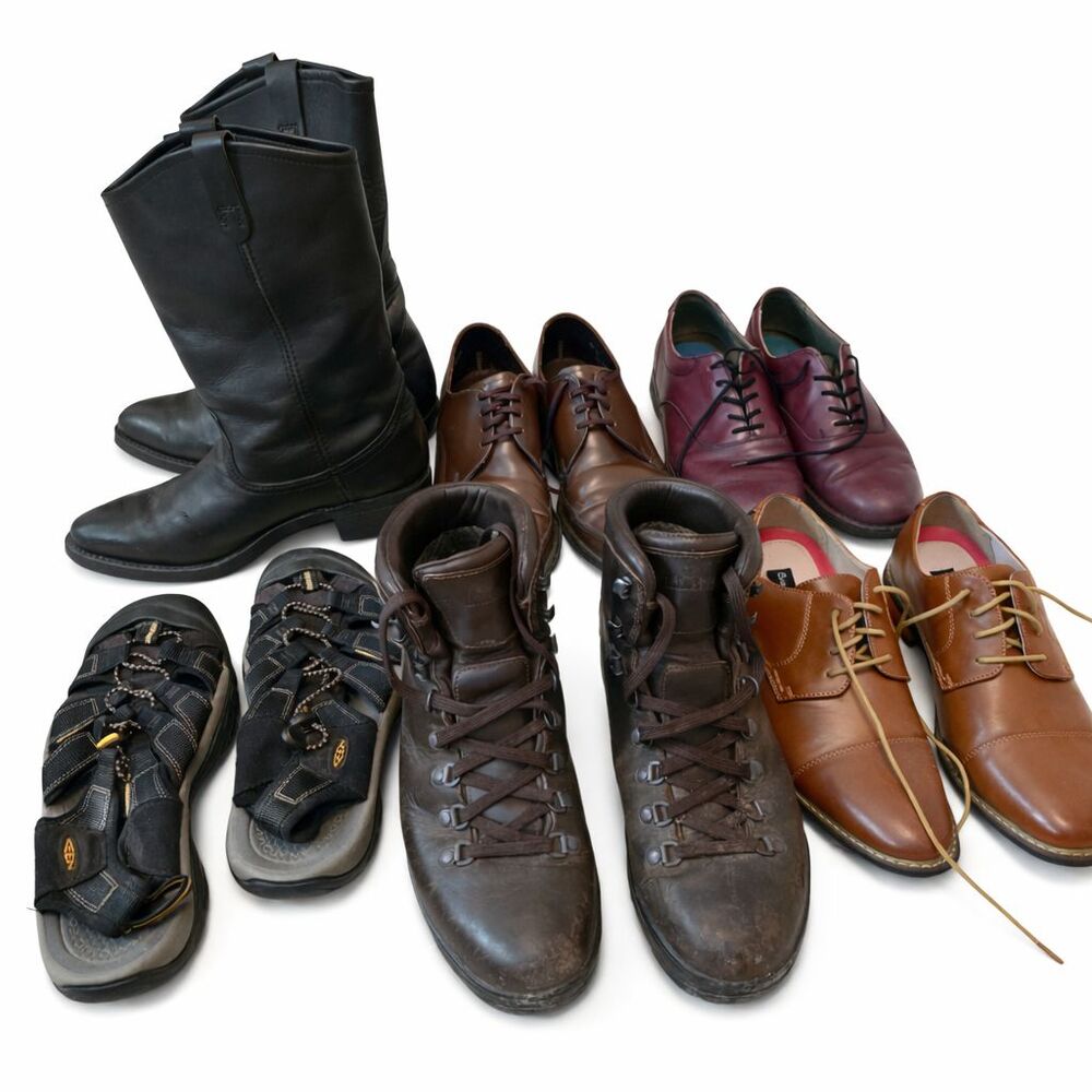 Lot of 6 Pairs Mens Shoes Boot 8.5 Hiking, Leather Work Boots, Dress, Sandals